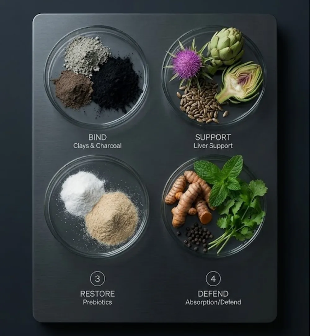 The four phases of the protocol shown as raw ingredients in petri dishes